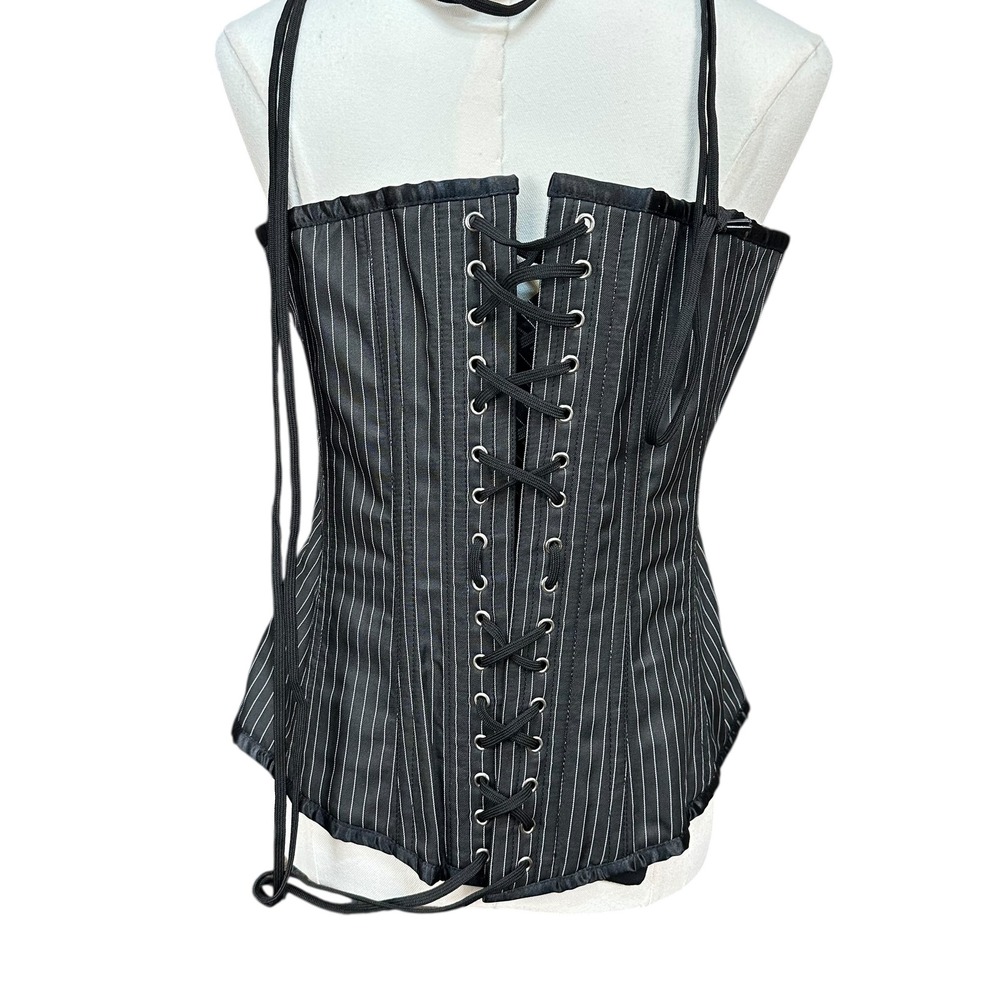 XL Black Pinstripe Corset Lace Up Back Sweetheart Busk Front Steampunk Goth Vamp - Picture 5 of 8